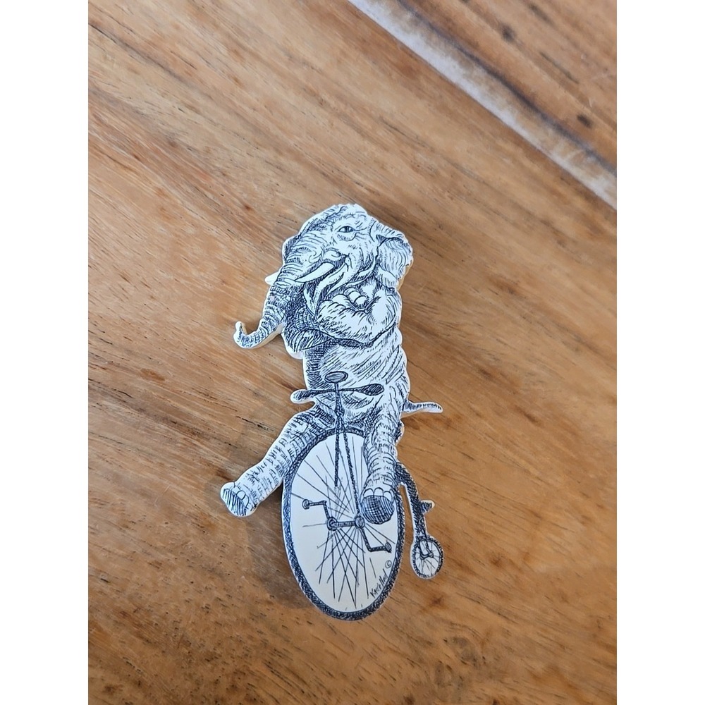Vintage K McClelland Scrimshaw Brooch Elephant On Bike Rare Pin Art Ivory Resin